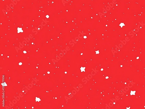 Bright red background with white shapes scattered across the space