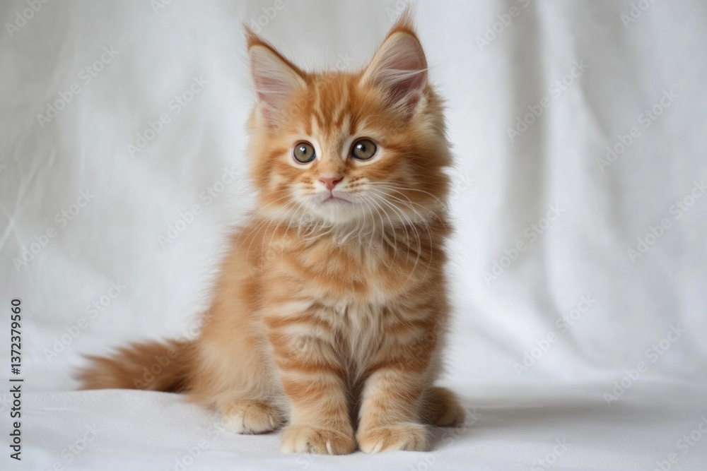 A playful ginger kitten sits against a clean white backdrop, showcasing its vibrant fur. A playful ginger kitten sits against a clean white backdrop, showcasing its vibrant fur.