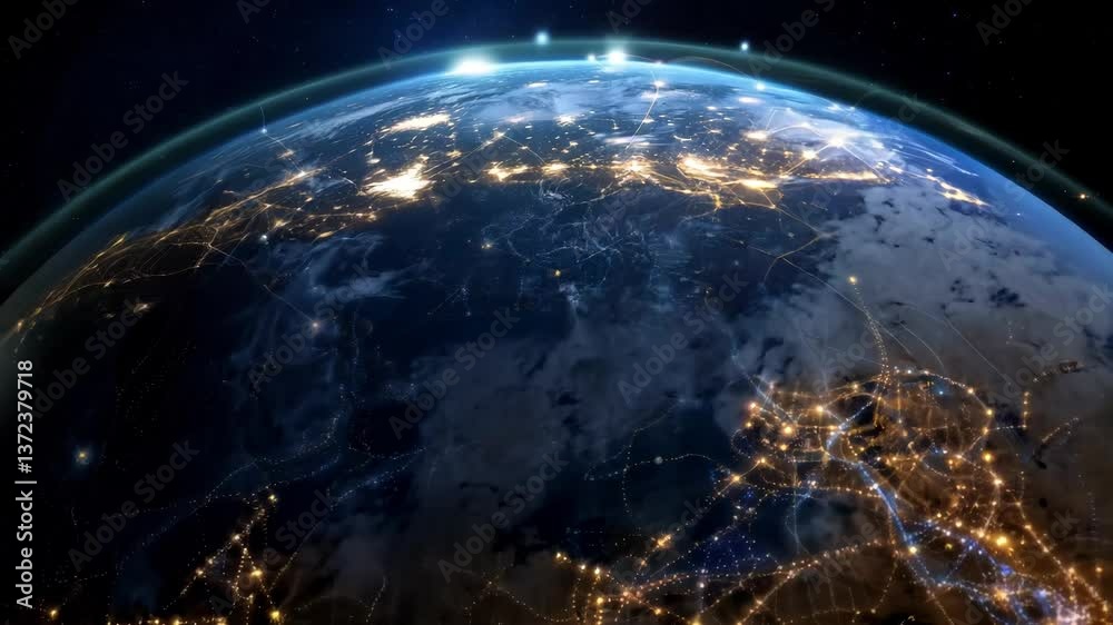 Global network connection and data connections concept. Worldwide links on planet earth at night. Earth in open space and digital web. World communication technology. Blue black background. 4k footage
