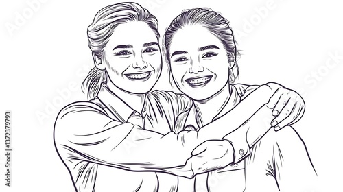Two smiling women hugging each other with happiness together