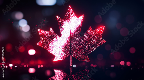 vibrant digital representation of maple leaf, symbolizing Canada, illuminated with red hues and sparkling effects, evokes sense of pride