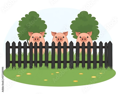 Three cartoon pigs peeking over a fence in a green field