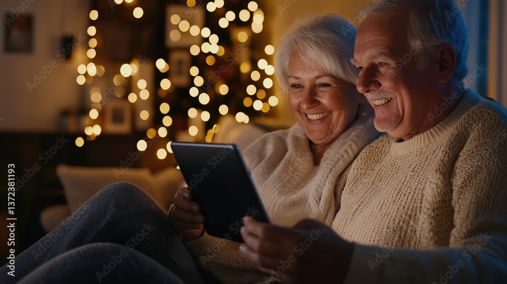 Happy senior couple enjoying a video call on a cozy couch at home Happy senior couple enjoying a video call on a cozy couch at home