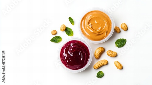 Wallpaper Mural Containers of peanut butter and jelly are arranged on a white background with scattered peanuts and mint leaves. Torontodigital.ca