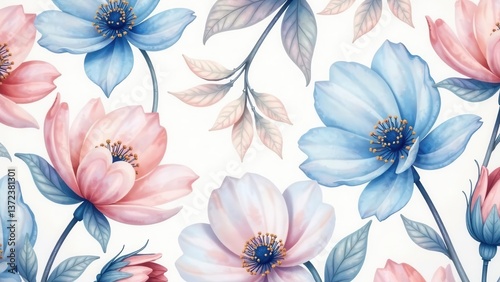 Wallpaper Mural Pastel Floral Design Delicate Watercolor Blooms and Leaves in Soft Blue and Pink Hues for Elegant Backgrounds and Decorative Projects Torontodigital.ca