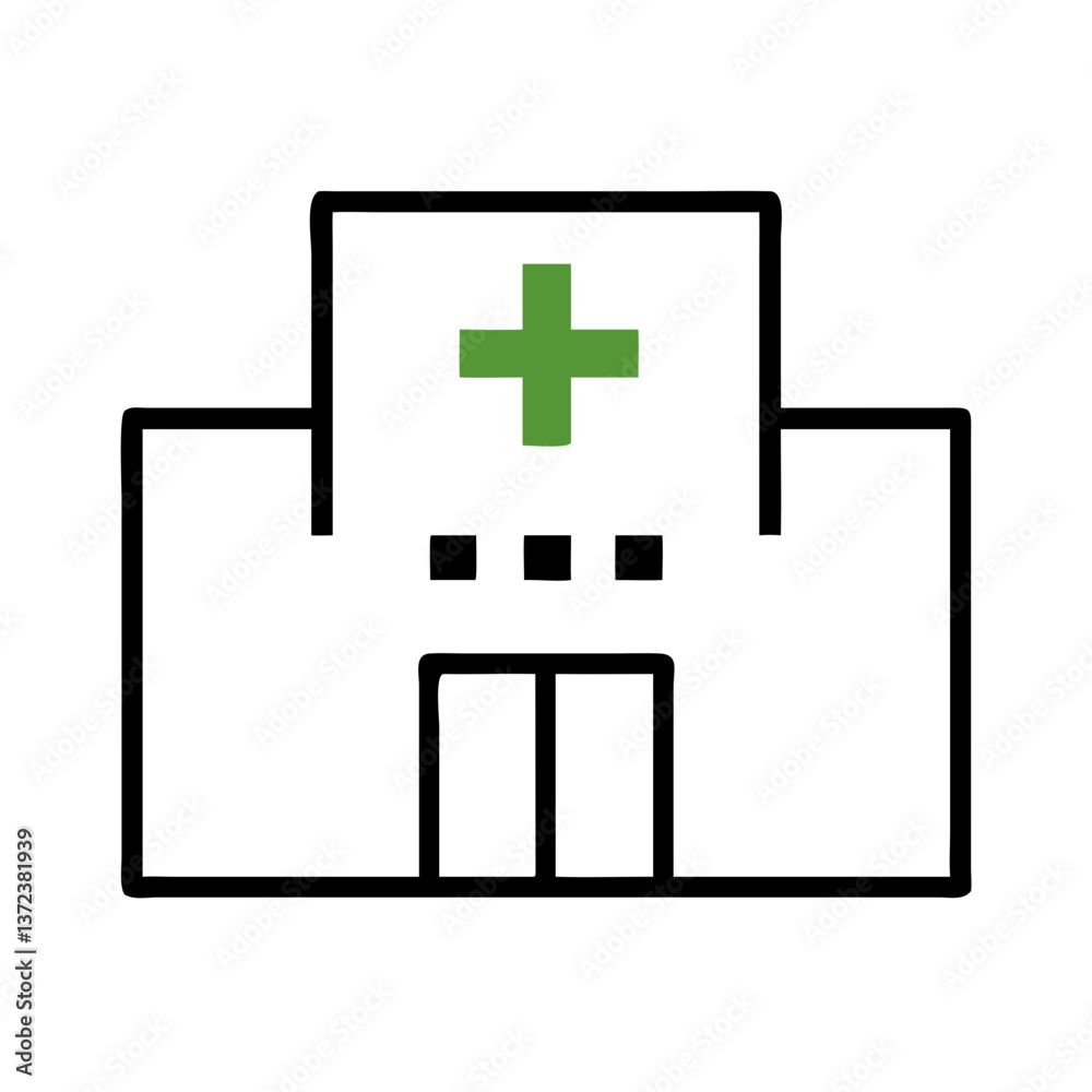 Simple line art hospital building with green cross symbol on white background Simple line art hospital building with green cross symbol on white background