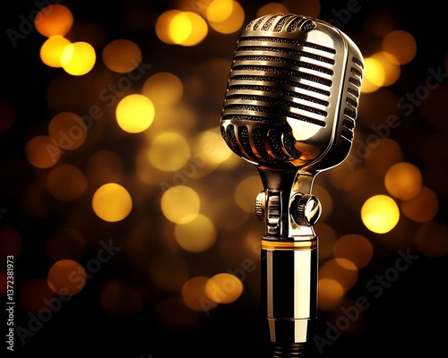 A gold microphone stands against a warm bokeh background perfectly