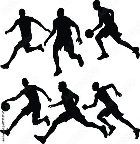 Silhouettes of Basketball Players in Action – Dribbling and Running Poses Vector Set