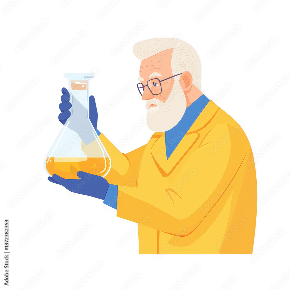An elderly scientist in a yellow lab coat examines a flask filled with a yellow liquid, showcasing a thoughtful and inquisitive expression, perfect for educational and research the An elderly scientist in a yellow lab coat examines a flask filled with a yellow liquid, showcasing a thoughtful and inquisitive expression, perfect for educational and research the