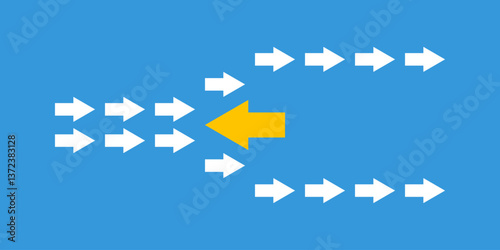 one big yellow arrow towards many white small arrows, leadership innovations concept, divided flow illustration, against the current
