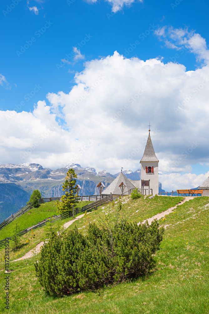 Santa croce chapel at Heiligkreuzkofel mountain, hiking destination Badia, Dolomites alps