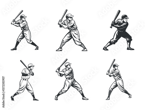 Set of Hockey Players Silhouettes. Baseball Player Poses Set. Collection of Vintage Silhouettes Featuring Athlete Batting in Various Stances