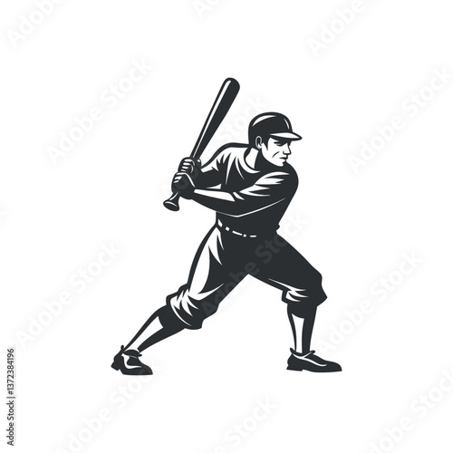 Baseball Player Silhouette. Vintage Black and White Illustration of Athlete Swinging Bat for Sports, Baseball, and Retro Design