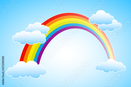 rainbow against a bright blue sky, fluffy white clouds