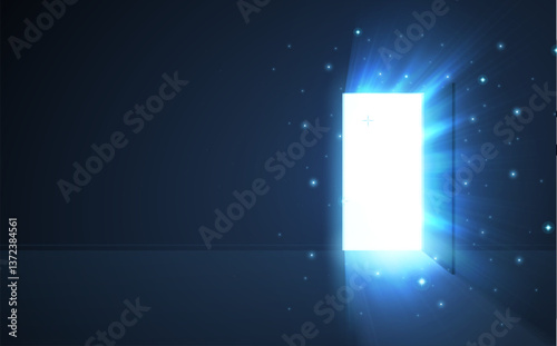 Open door with abstract light on blue background. Digital gateway, virtual doorway.