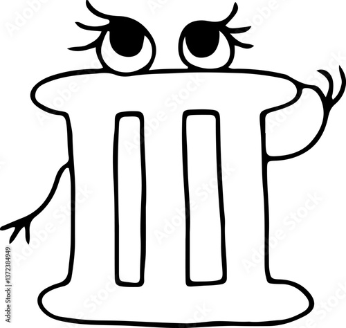 funny roman numeral three with eyes with eyelashes looking up raising one of its hands hand drawn with black lines in grunge style