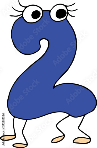 funny blue number two drawn with black lines in grunge style with eyes with eyelashes and four legs