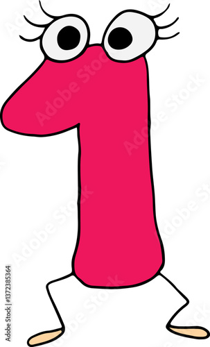 funny red number one drawn with black lines in grunge style with eyes with eyelashes and legs