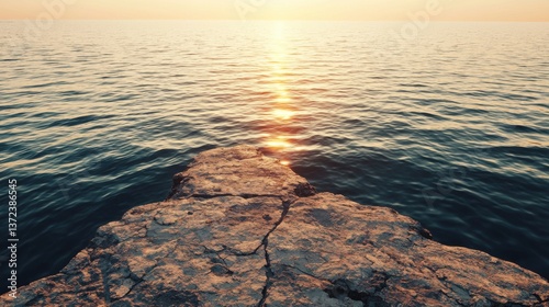 A serene sunset reflects on calm waters, highlighting a rocky outcrop that leads into the sea, creating a peaceful natural scene.