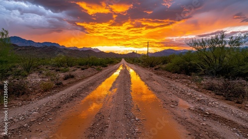 A scenic desert road reflects a vibrant sunset, surrounded by mountains and lush vegetation, creating a serene and picturesque landscape.