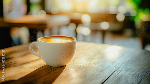 Cup of coffee latte art on wooden table in cafe coffee shop morning photo