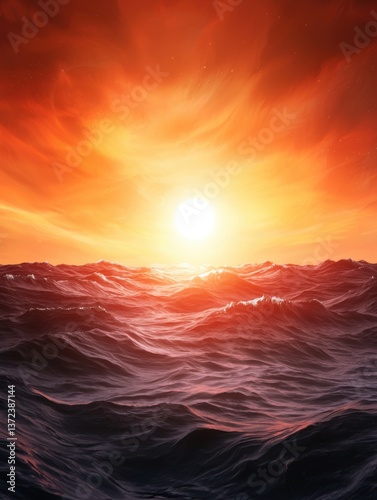 A vibrant sunset casts a warm glow over tumultuous ocean waves, creating a dramatic and serene seascape.