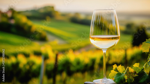 Glass of sauvignon blanc wine at vineyard tasting during summer day