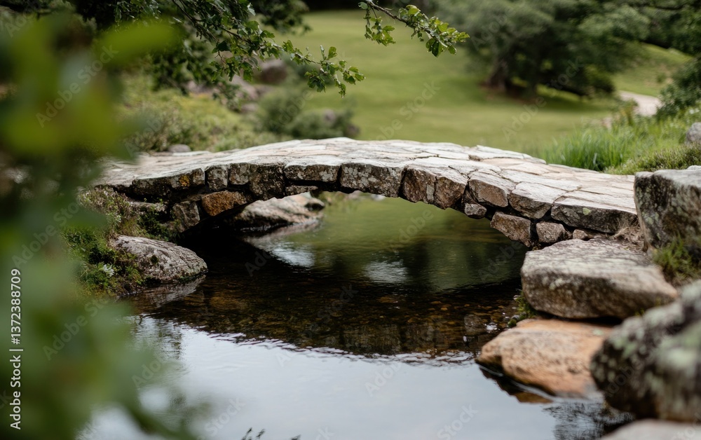 Fototapeta premium Stone Bridge Over Calm Stream in Lush Garden
