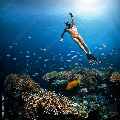 scuba diver and coral reef