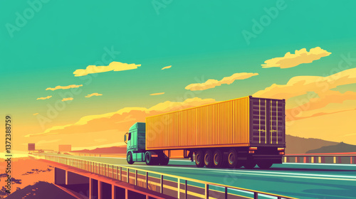 retro-style illustration of a container truck driving on a highway, warm vivid color palette