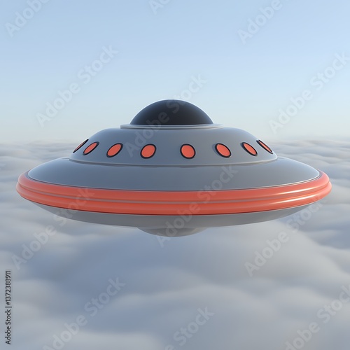 A Cartoonish Flying Saucer Hovering Above a Fluffy Cloudscape