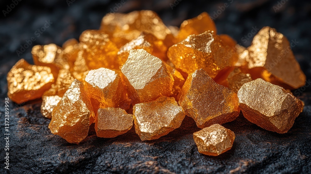 A collection of shiny golden nuggets resting on a dark surface