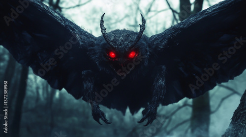 terrifying black mothman with red eyes- scary halloween creature, detailed dark winged monster