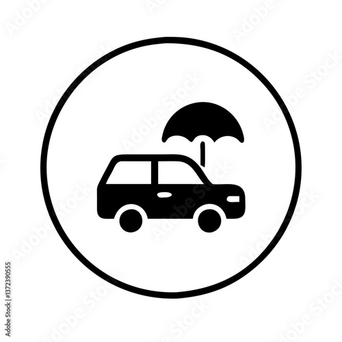 Car insurance symbol with umbrella over vehicle, representing protection and safety
