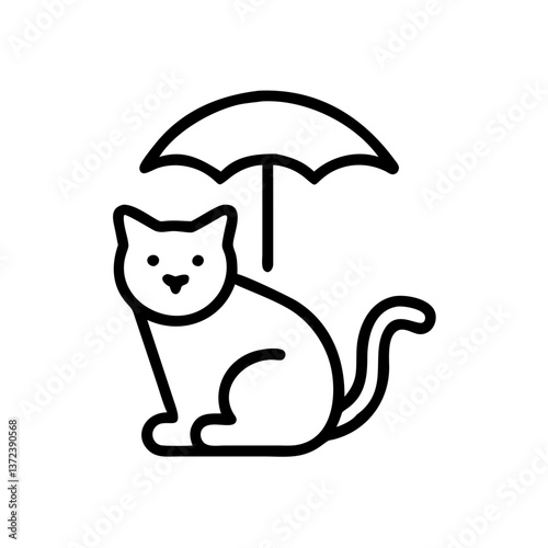Cat sitting under an umbrella in a minimalistic line art style, representing pet care and comfort