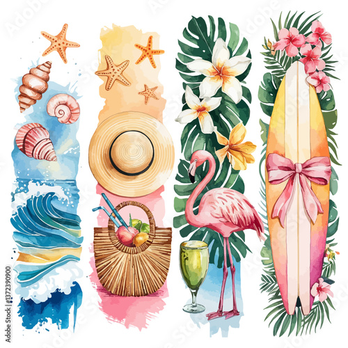 A collection of summery and tropical elements is arranged in vertical strips, featuring seashells, a sun hat, plumeria flowers, a flamingo, and a surfboard