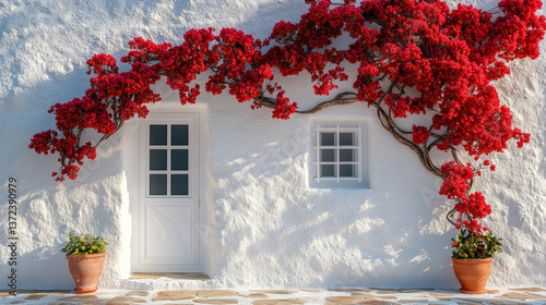 Fototapeta Naklejka Na Ścianę i Meble -  a charming whitewashed house with a textured, rustic stone facade