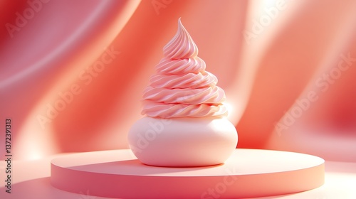 A decorative image featuring soft pink swirled soft serve ice cream