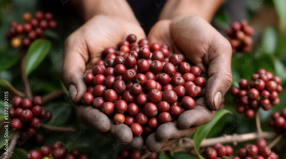 Fototapeta premium A close-up of a farmer's hands holding freshly picked ripe coffee cherries. The hands are covered in dirt, highlighting the connection to manual labor and coffee cultivation