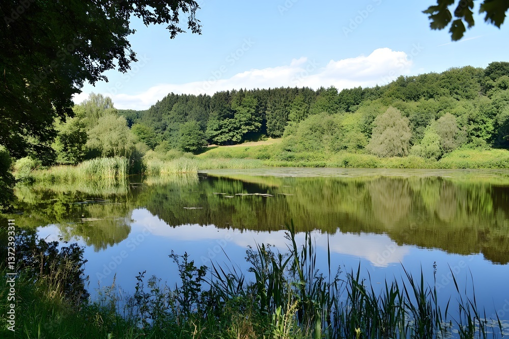 Fototapeta premium Lake scene with lush green trees, reeds, and water reflection