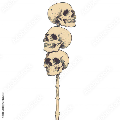 Three skulls stacked on a single pole, detailed illustration, white isolated background.