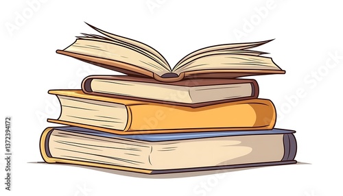 An open book sits atop a stack of hardcover books
