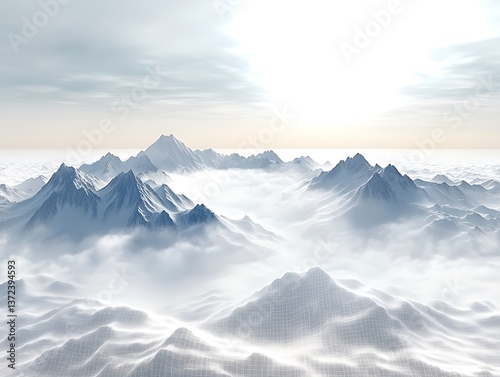 Majestic mountains peak through clouds in a bright and beautiful landscape