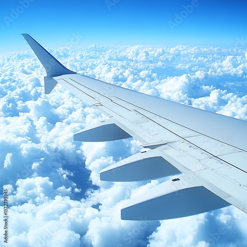 An airplane wing flying above fluffy white clouds in a blue sky