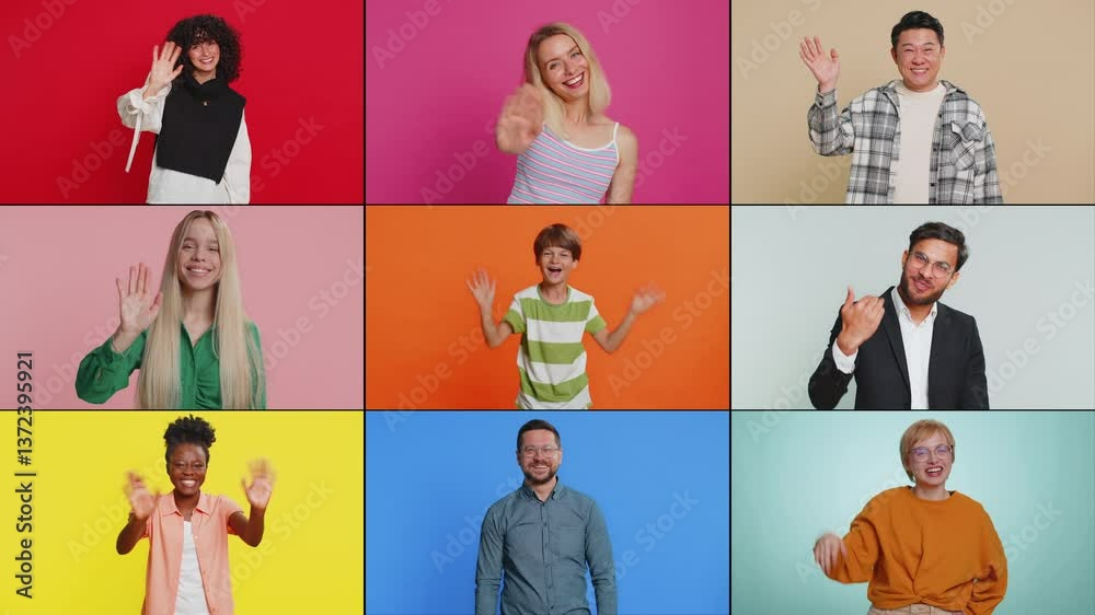 Collage of happy smiling people men women diverse gender different ages ethnicity waving hands friendly gesturing invitation hello hi, welcoming vibe, hospitable expression. Conversation communication
