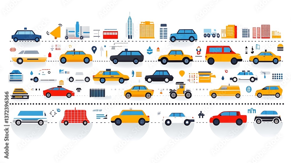 Various colorful stylized automobiles and city elements presented in a row Various colorful stylized automobiles and city elements presented in a row