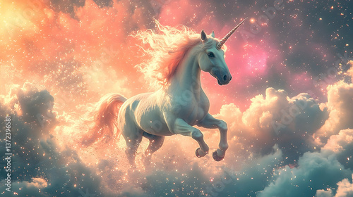 A Beautiful White Unicorn Galloping Through a Colorful Sky