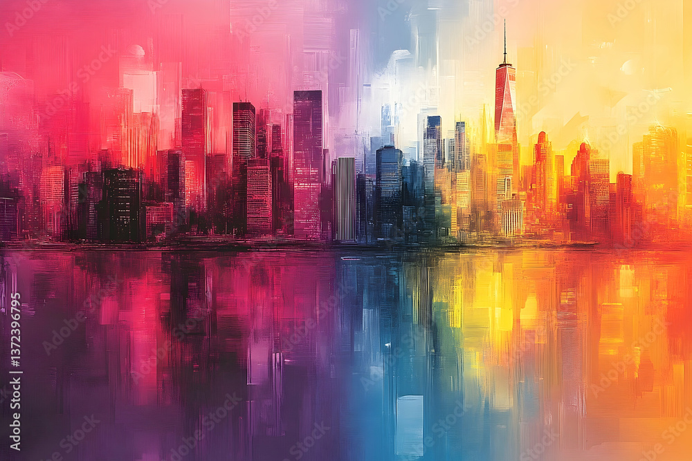 Obraz premium An artistic painting of a cityscape at dusk reflecting on water