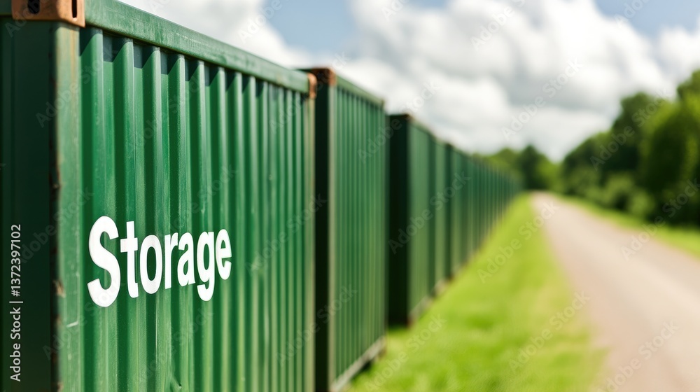 Fototapeta premium Secure Green Storage Containers Line a Country Path Outdoors Ideal for Secure Storage Solutions