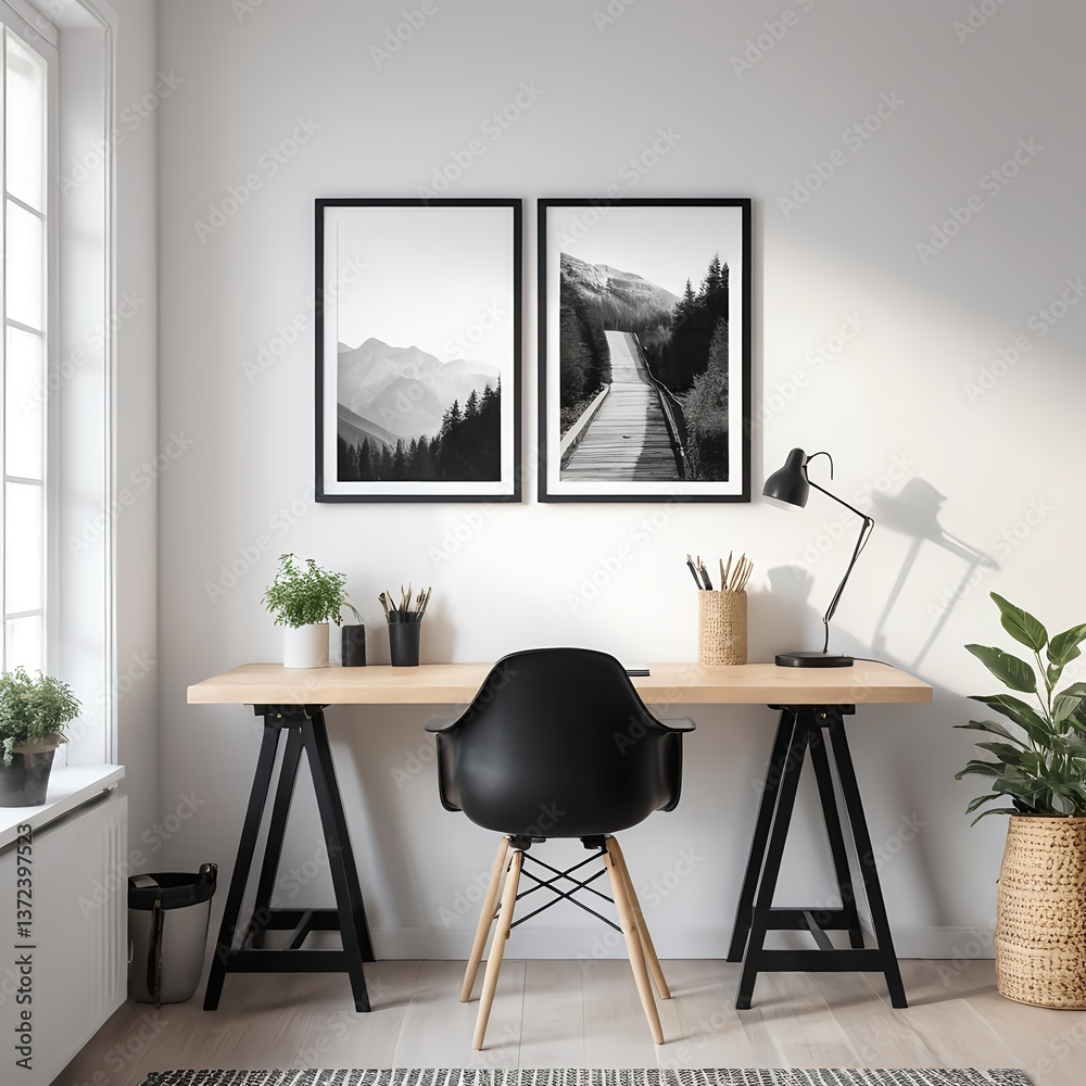 Fototapeta premium Minimalist Home Office Workspace with Black and White Mountain Prints